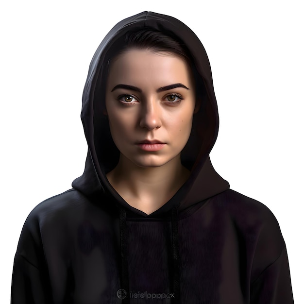 Free PSD 3d digital render of a young woman in a black hoodie isolated on white background