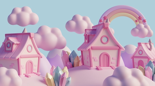 Free PSD 3d dreamscape with clouds and fairytale elements