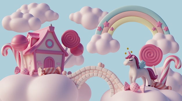 Free PSD 3d dreamscape with clouds and fairytale elements