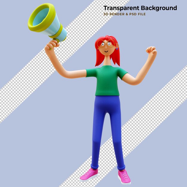 Free PSD 3d female standing with speaker or megaphone . 3d illustration