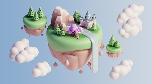 Free PSD 3d floating landscape with nature elements and clouds