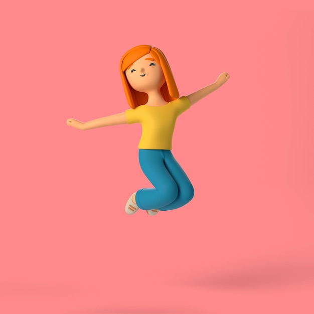 Free PSD 3d girl character jumping in the air