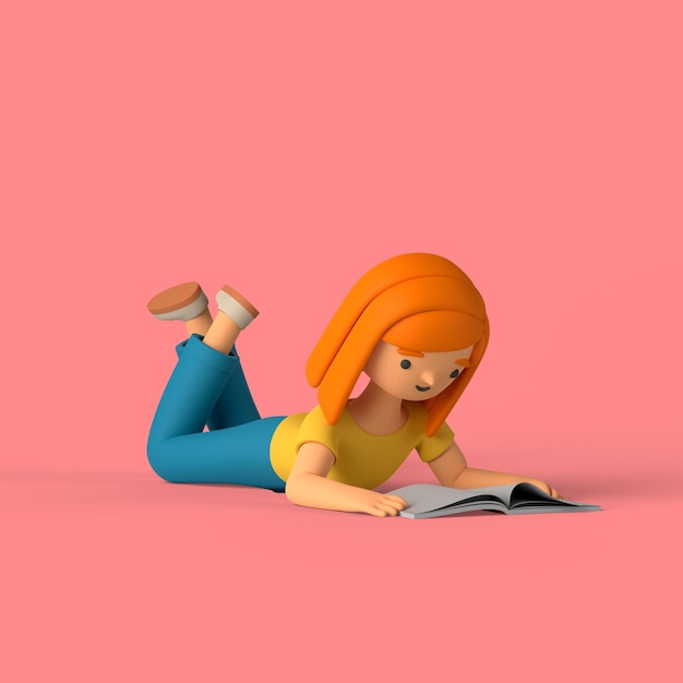 3d girl character reading a book