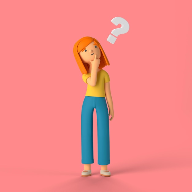 3d girl character with question mark