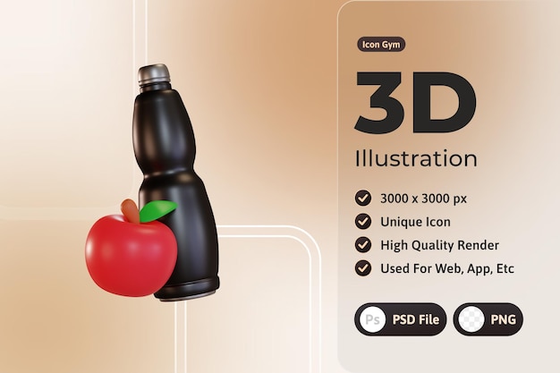 Free PSD 3d icon gym, water bottle and apple