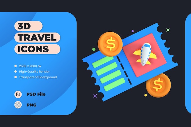 3D Icon Illustration Travel Holiday Trip Vacation Airplane Ticket