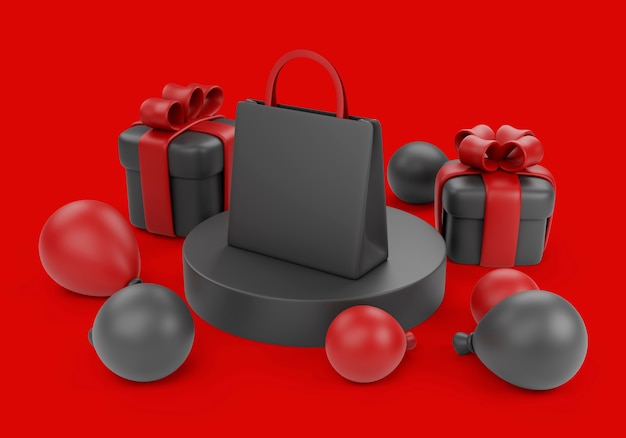 3d illustration for black friday sales with balloons and gifts