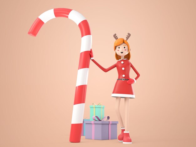 3D illustration cartoon character beautiful woman wearing santy costume standing with large candy and pile of gift boxes