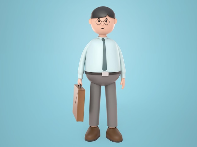 Free PSD 3d illustration cartoon character businessman wearing glasses holding briefcase,  rendering