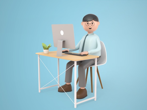 3D illustration cartoon character businessman wearing glasses working on desktop computer on desk in office