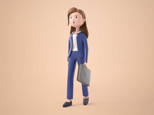 Free PSD 3d illustration cartoon character pretty girl in suit walking and holding briefcase in hand