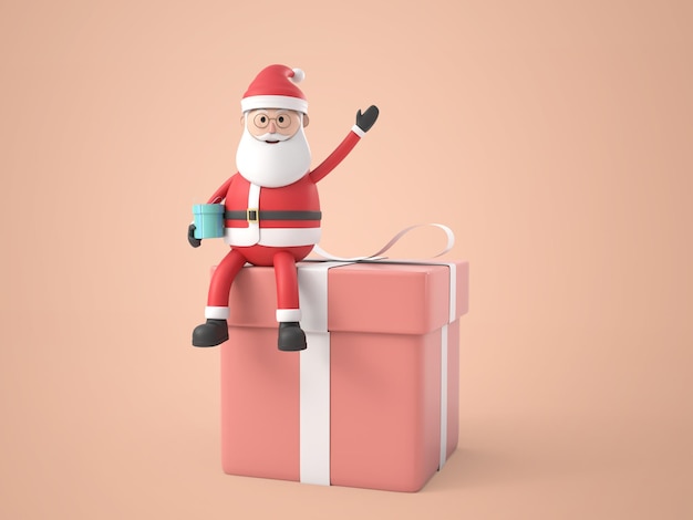 Free PSD 3d illustration cartoon character santa claus with a gift and sitting over large present box,  isolated white. rendering