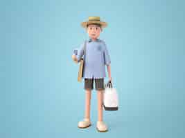 Free PSD 3d illustration cartoon character young backpacker man wearing sombrero to travel with white bag standing and show passport with smile