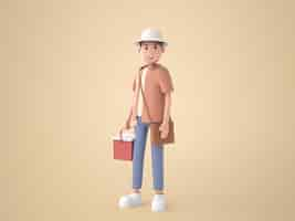 Free PSD 3d illustration cartoon character young travel man wearing sumbrero holding ice flask for picnic and smile