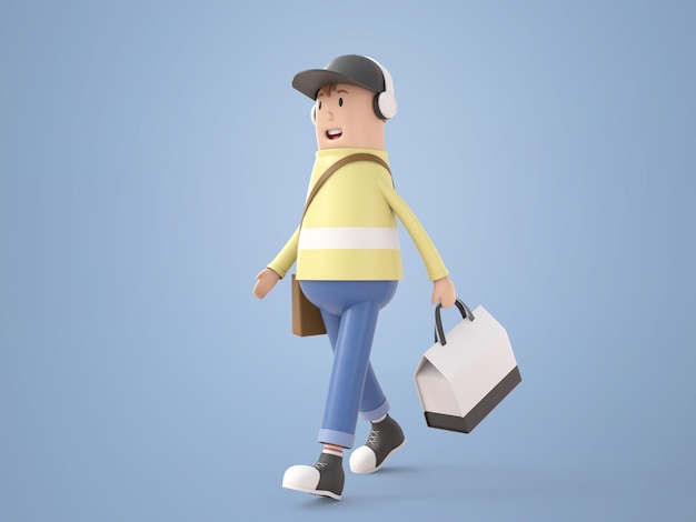 Free PSD 3d illustration cartoon character young traveller man wearing cap and headphone walking and holding bag