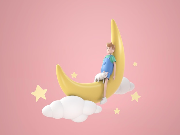 3D illustration character cute boy sleeping on the moon with cat rendering