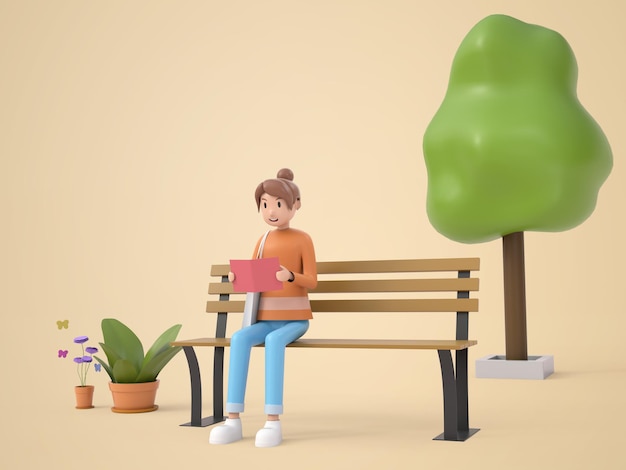 3D illustration character woman reading book in park rendering