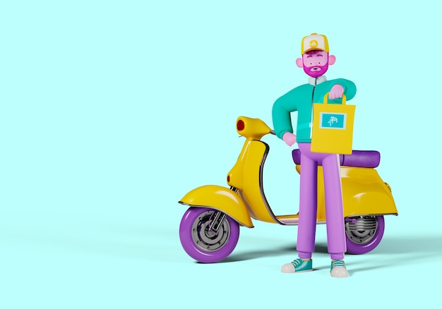 Free PSD 3d illustration of delivery man character holding bag with scooter