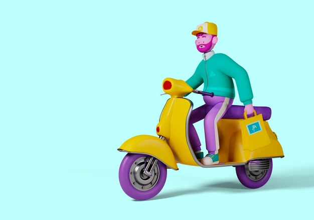 3d illustration of delivery man character on scooter