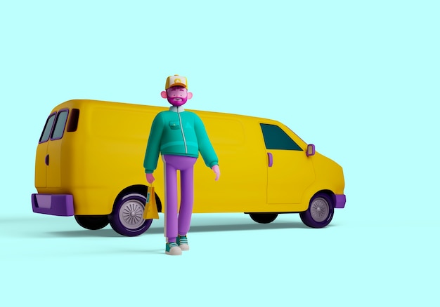 3d illustration of delivery man character with van