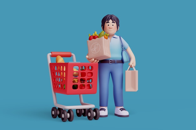 Free PSD 3d illustration of female character at grocery store