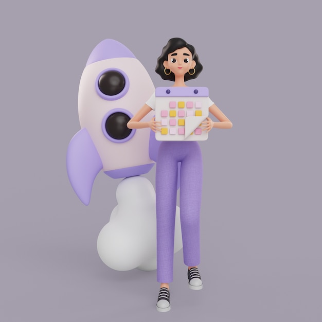 Free PSD 3d illustration of female graphic designer character holding calendar with rocket