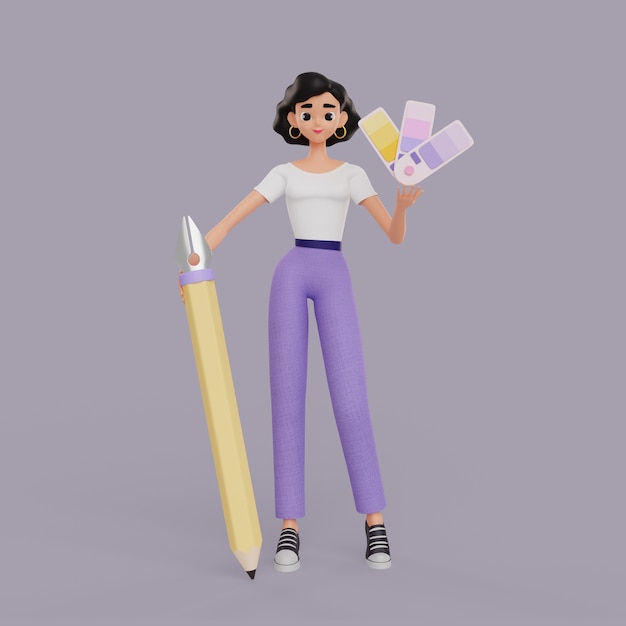 Free PSD 3d illustration of female graphic designer character holding pencil and color palettes