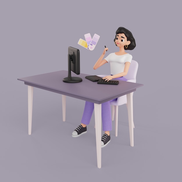 3d illustration of female graphic designer character working at desk