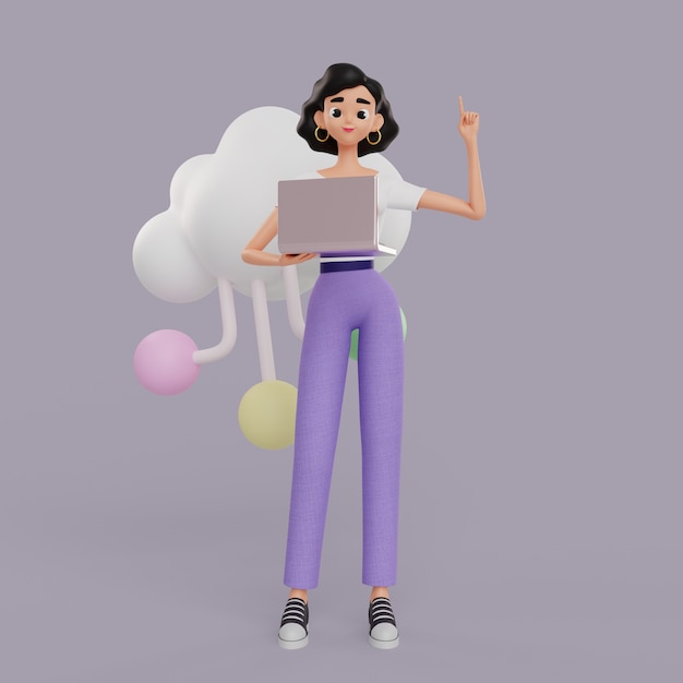 Free PSD 3d illustration of female graphic designer character working on laptop