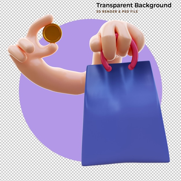 Free PSD 3d illustration of hand catch coin and shopping bag