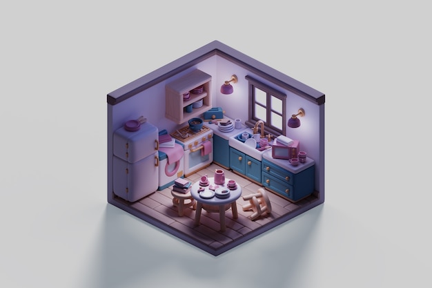 Free PSD 3d illustration of isometric room