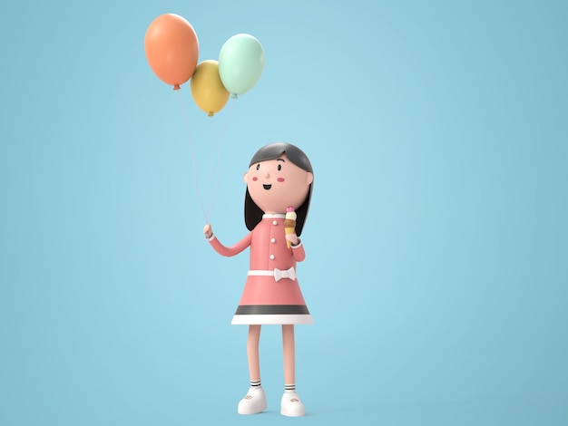 Free PSD 3d illustration lovely girl holding icecream and balloon rendering