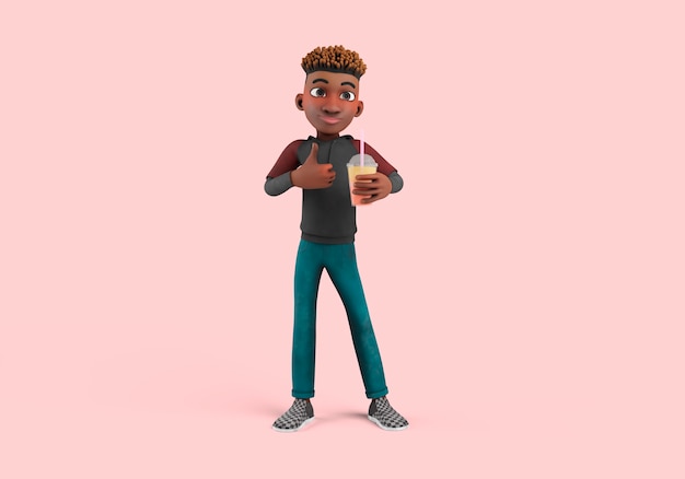 Free PSD 3d illustration of male character pose holding drink and showing thumbs up