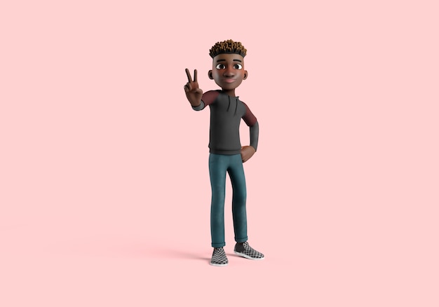 Free PSD 3d illustration of male character pose showing peace sign