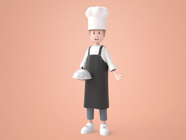 Free PSD 3d illustration man in chef uniform holding serving tray rendering