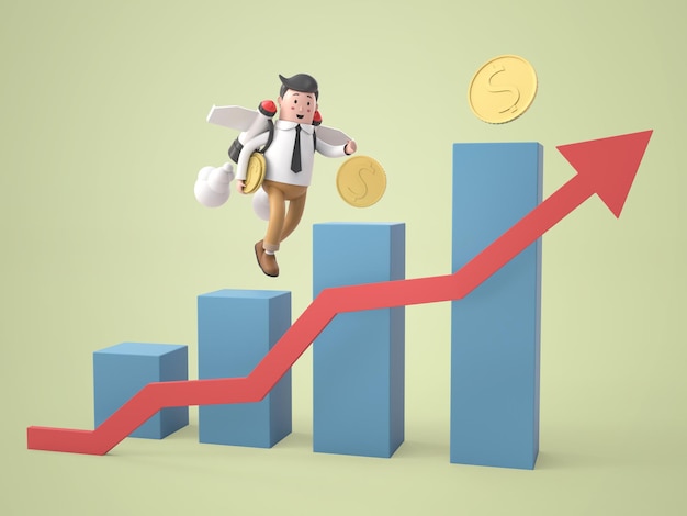 3D illustration man flying catch golden coin over business graph  rendering