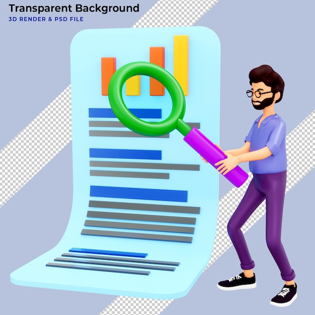 Free PSD 3d illustration of man with huge magnifying glass researching a business dashboard with graphs and infographics