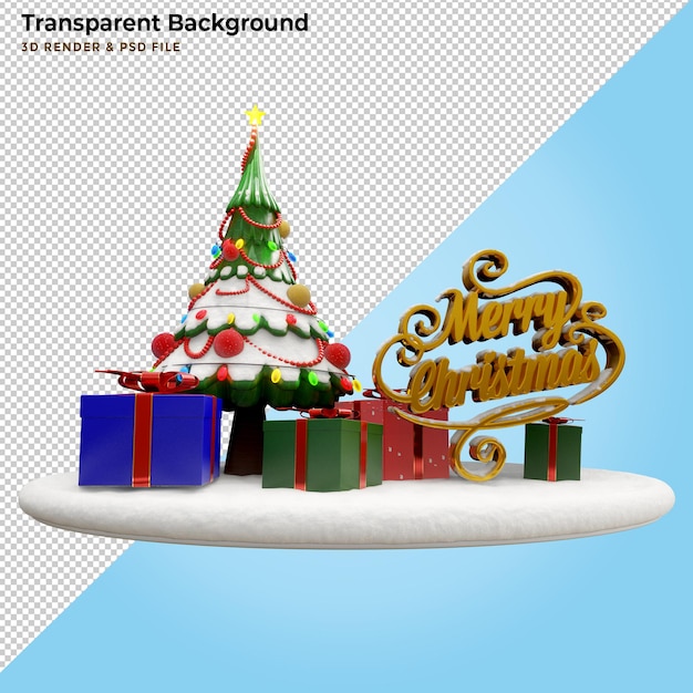 Free PSD 3d illustration merry christmas gift box and pine tree