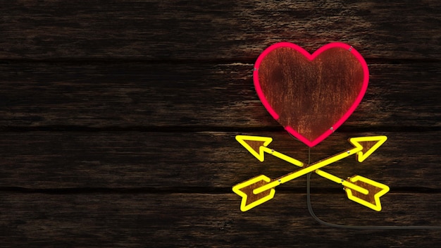 Free PSD 3d illustration of neon heart light with arrows on wooden background and copy space