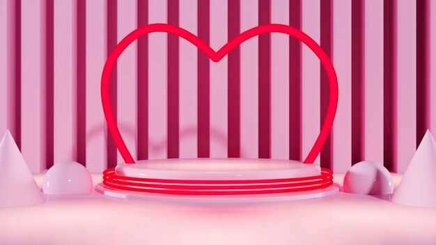 3d illustration of neon light podium with heart for valentines day