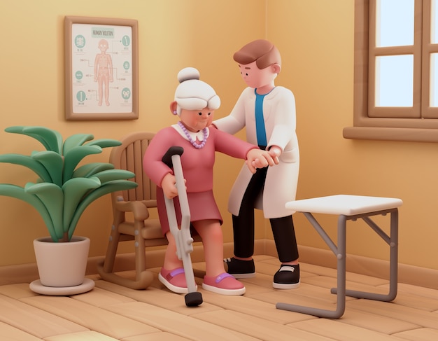 Free PSD 3d illustration for nursing home with woman and crutch