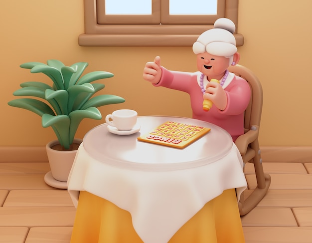 Free PSD 3d illustration for nursing home with woman playing bingo