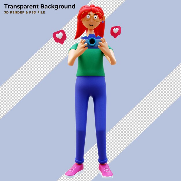 3D illustration of Standing Cartoon Female Holding Camera Taking Pictures