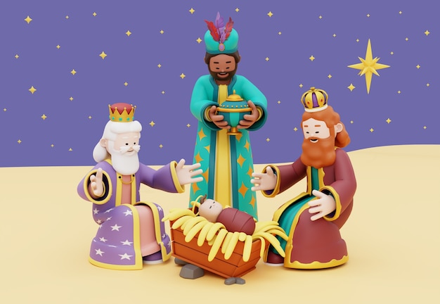 Free PSD 3d illustration of three wise men celebration