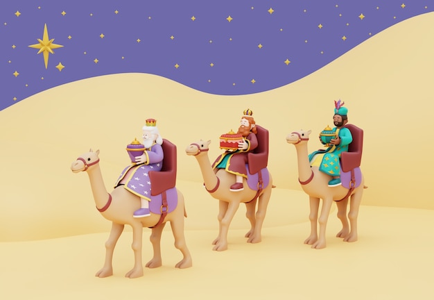 Free PSD 3d illustration of three wise men celebration