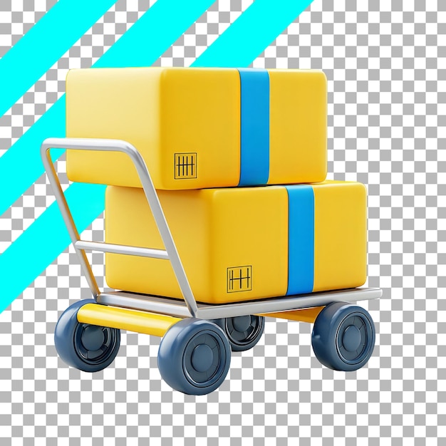 Free PSD 3d illustration of trolley with yellow boxes and blue straps on transparent background