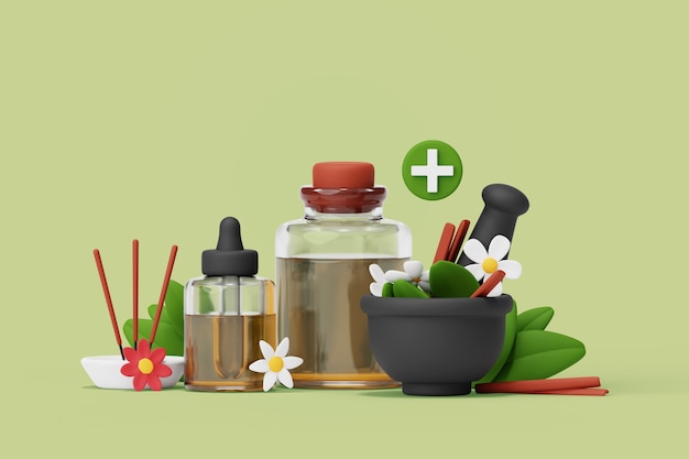 Free PSD 3d illustration with alternative medicine composition