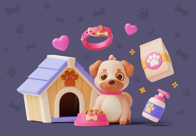 Free PSD 3d illustration with pets still life