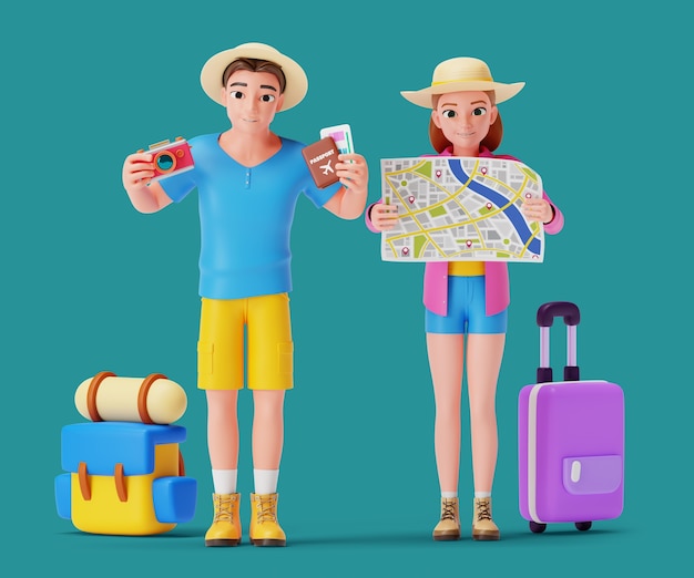 Free PSD 3d illustration with travel tourists characters