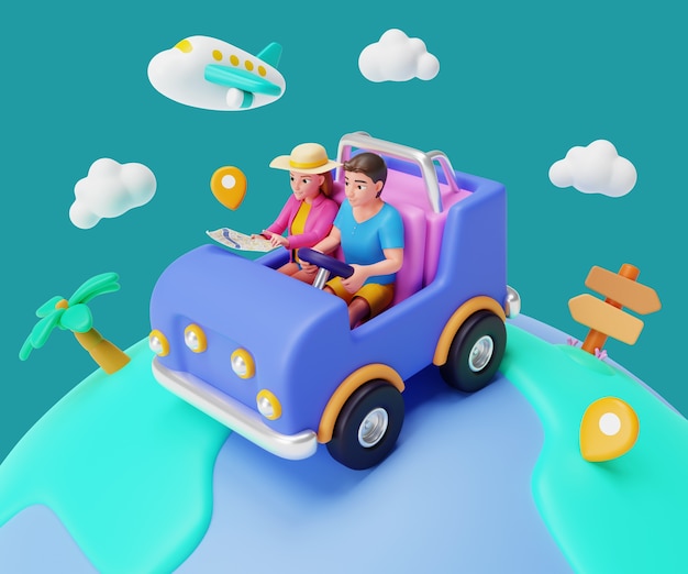 Free PSD 3d illustration with travel tourists characters